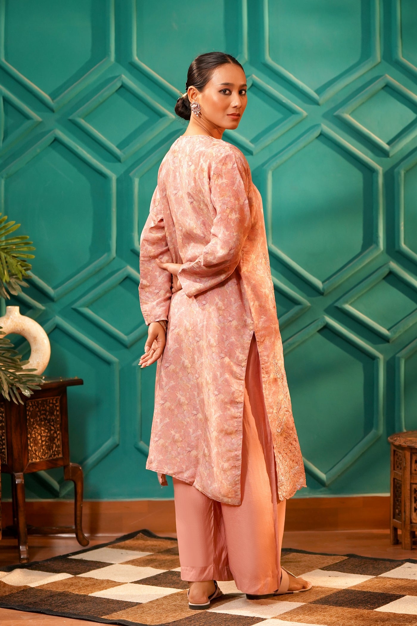 The Zariyah Floral Muslin Set- Muslin Silk Print with thread  Zari work - Blush Peach