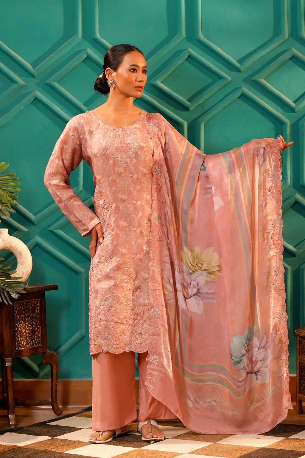 The Zariyah Floral Muslin Set- Muslin Silk Print with thread  Zari work - Blush Peach