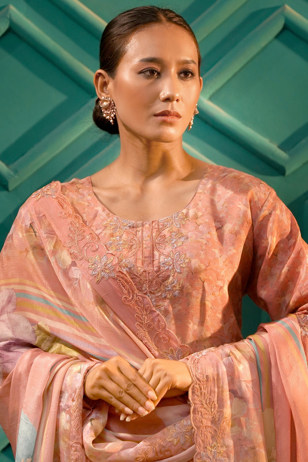 The Zariyah Floral Muslin Set- Muslin Silk Print with thread  Zari work - Blush Peach