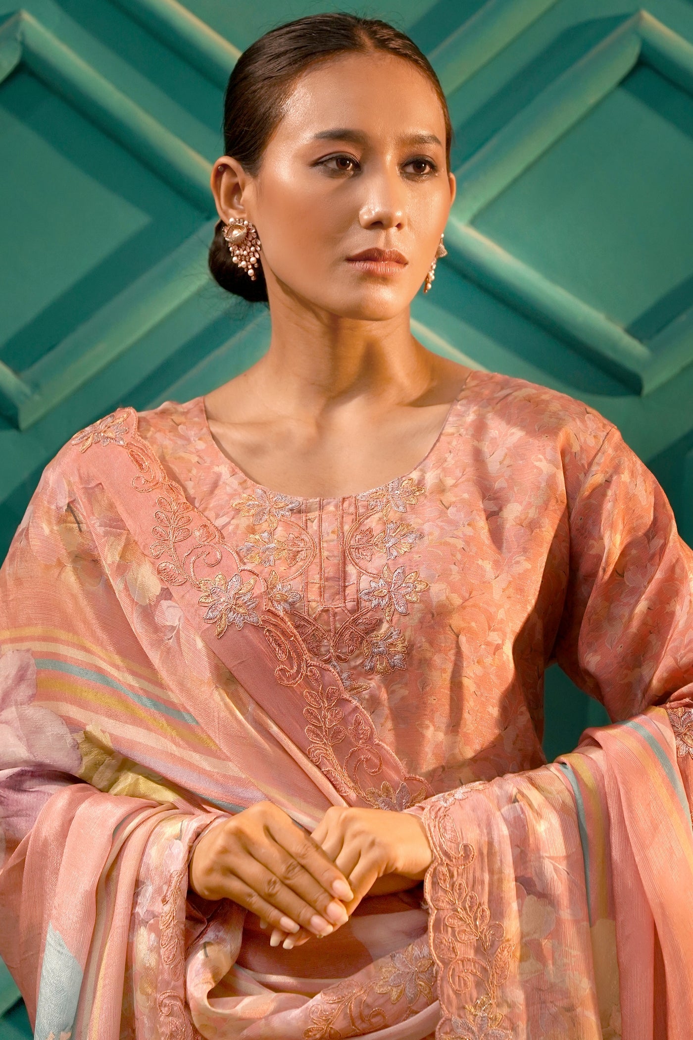 The Zariyah Floral Muslin Set- Muslin Silk Print with thread  Zari work - Blush Peach