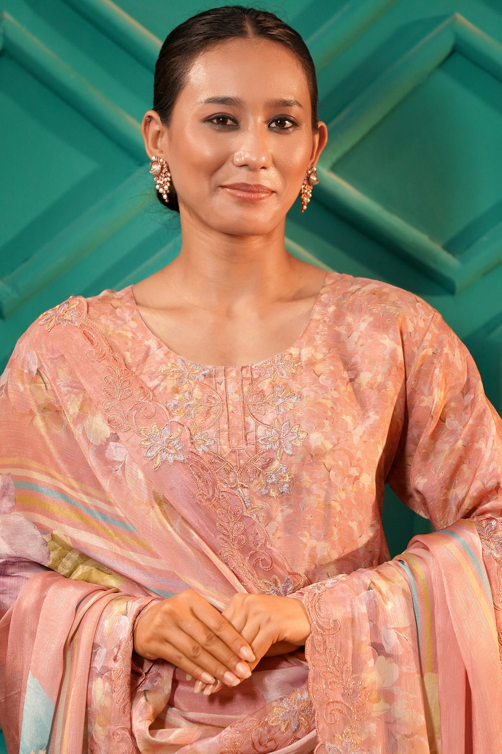 The Zariyah Floral Muslin Set- Muslin Silk Print with thread  Zari work - Blush Peach