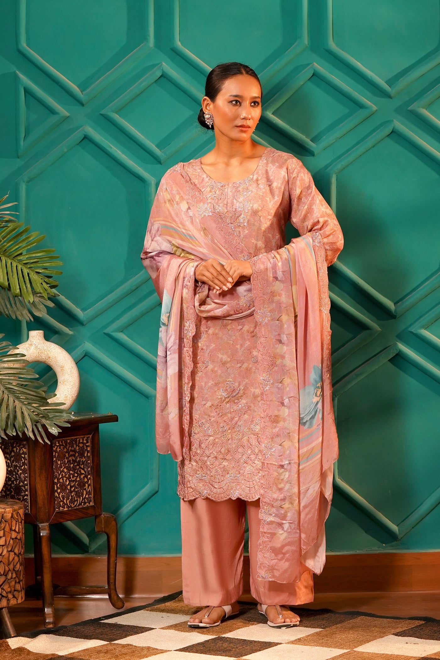 The Zariyah Floral Muslin Set- Muslin Silk Print with thread  Zari work - Blush Peach