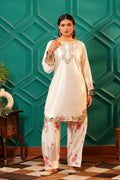 Gul-Dasta- Kashmiri sateen 3 pc suit white floral thread work with zari - Ivory Silk