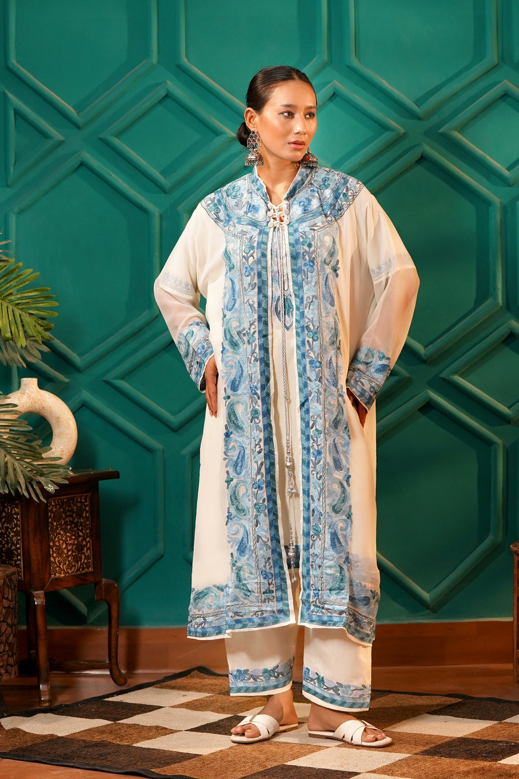 Modern Luxury- Cotton Chiffon AARI work 3pc shrug set - Cerulean Frost