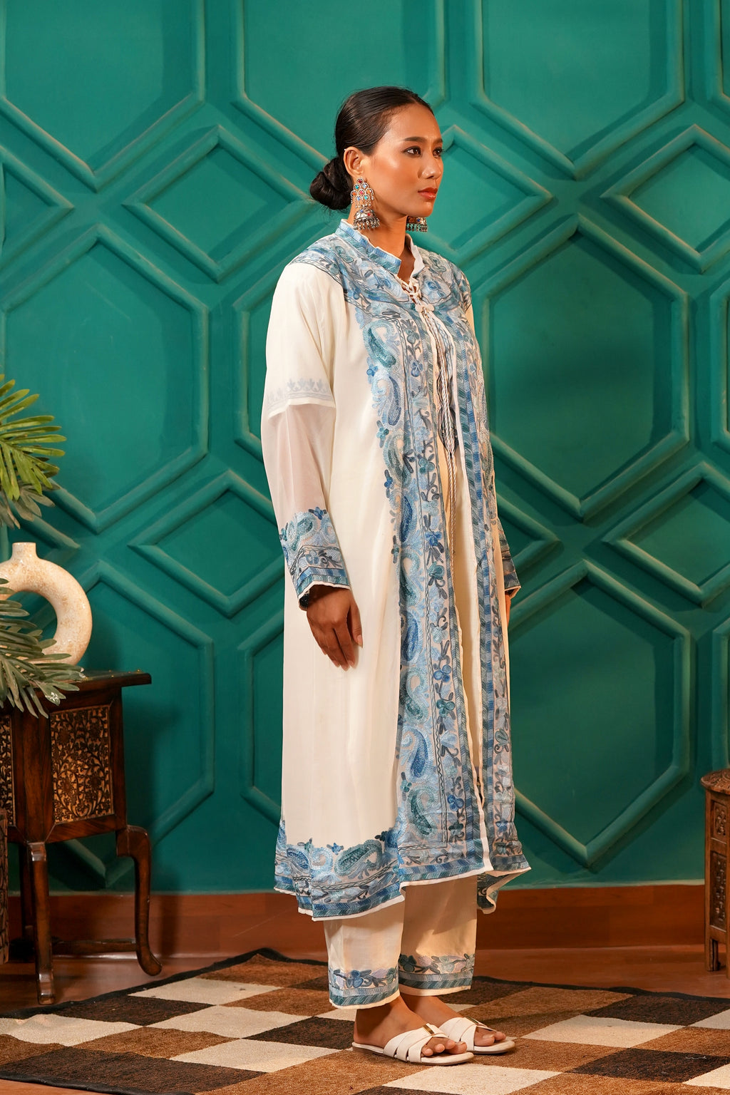Modern Luxury- Cotton Chiffon AARI work 3pc shrug set - Cerulean Frost