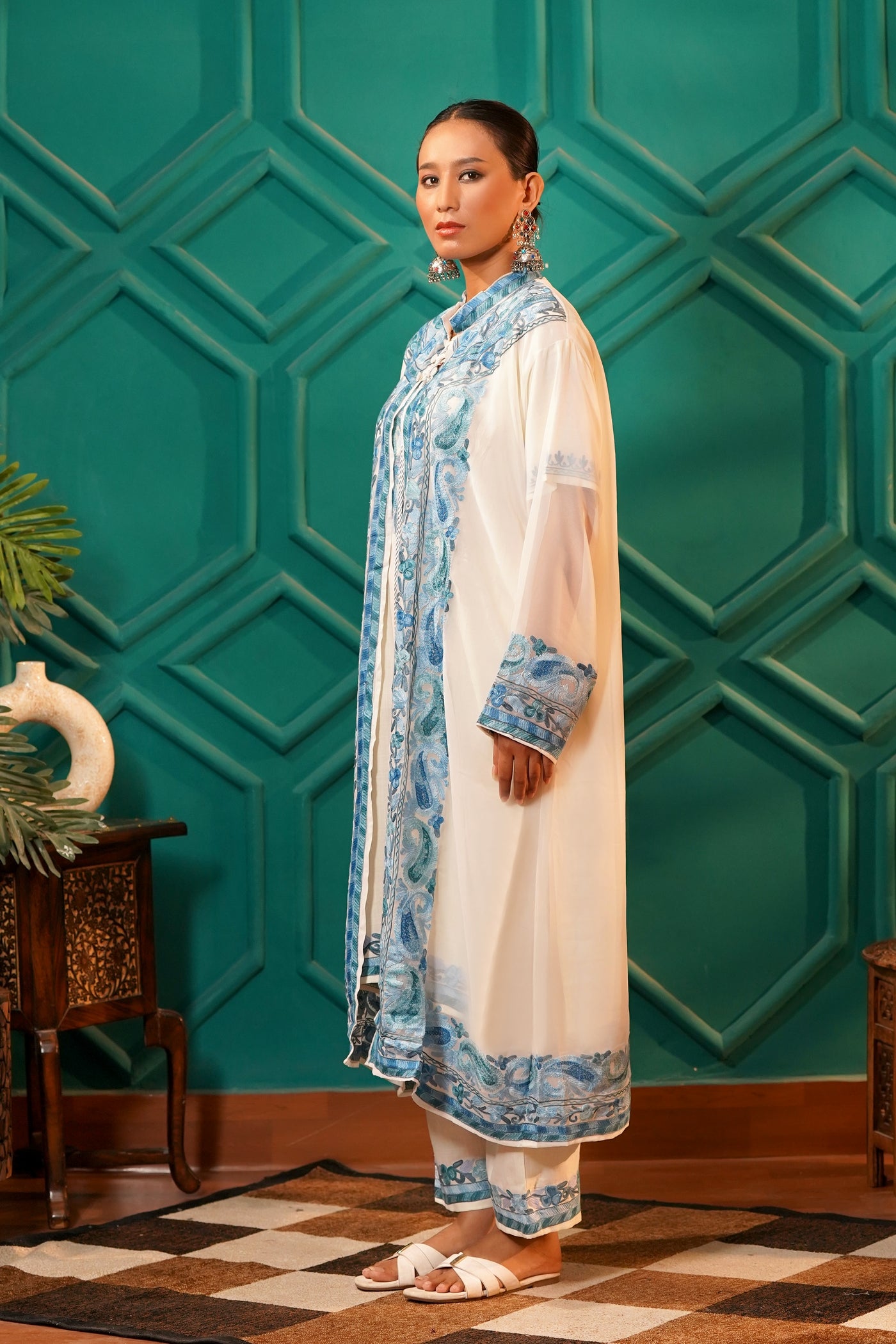 Modern Luxury- Cotton Chiffon AARI work 3pc shrug set - Cerulean Frost