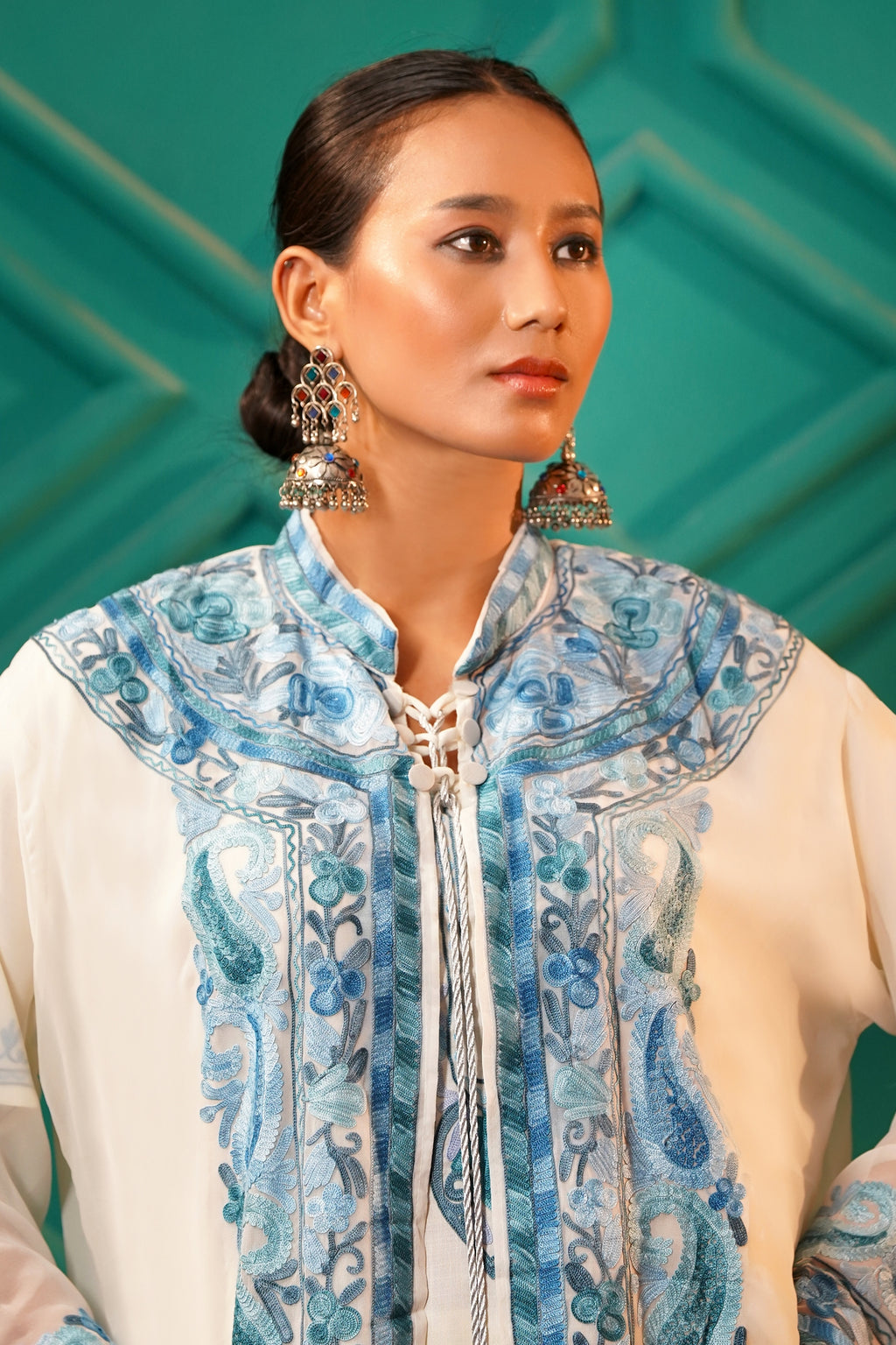 Modern Luxury- Cotton Chiffon AARI work 3pc shrug set - Cerulean Frost
