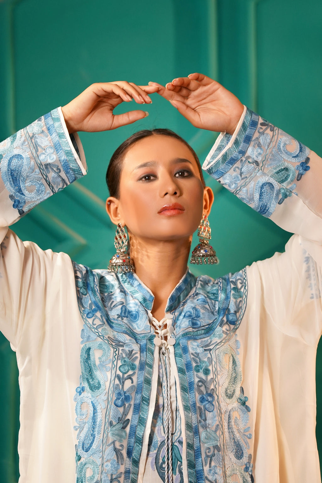 Modern Luxury- Cotton Chiffon AARI work 3pc shrug set - Cerulean Frost