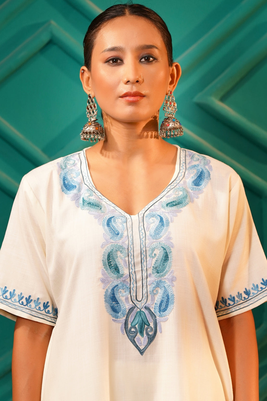 Modern Luxury- Cotton Chiffon AARI work 3pc shrug set - Cerulean Frost