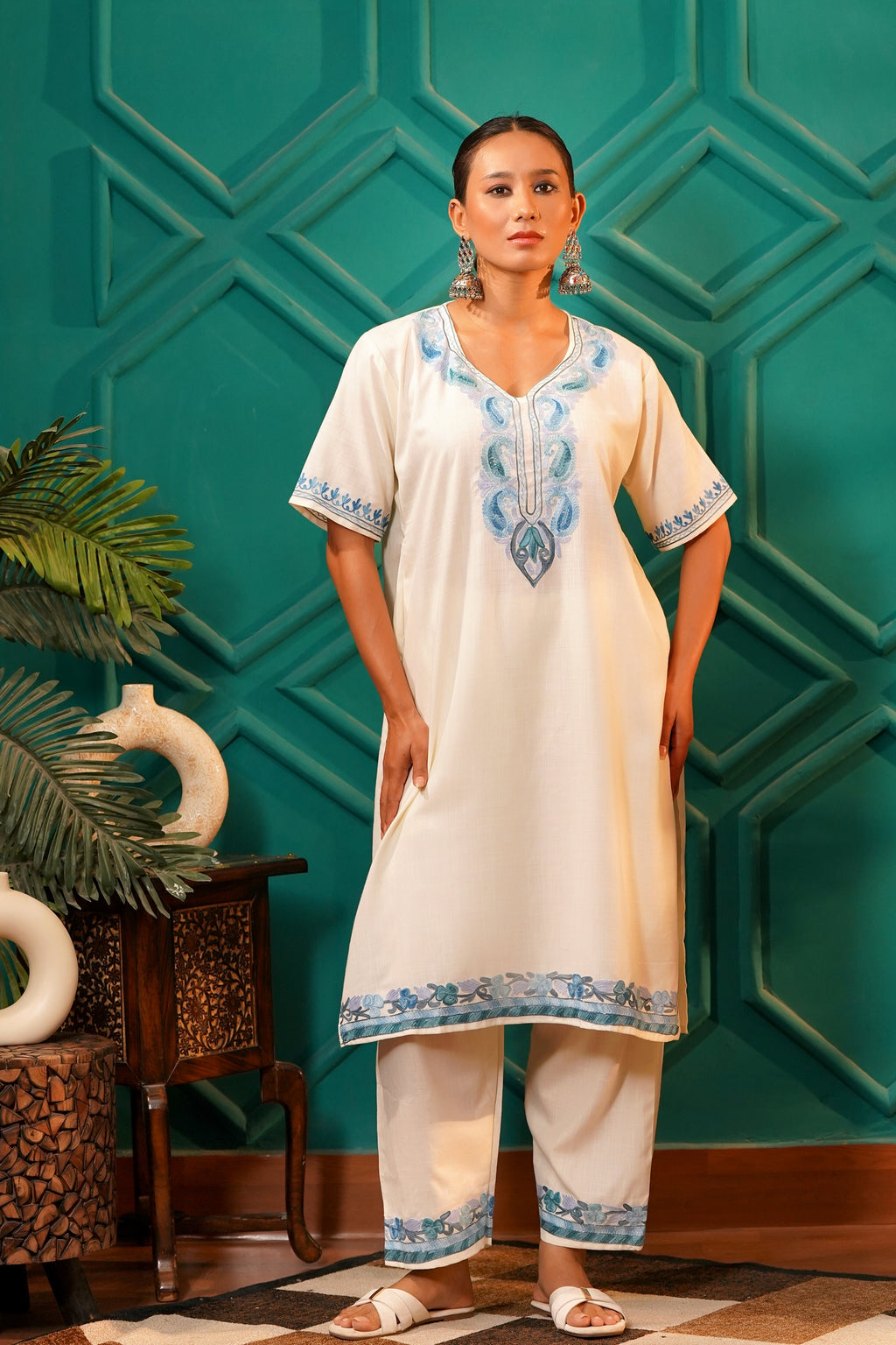 Modern Luxury- Cotton Chiffon AARI work 3pc shrug set - Cerulean Frost