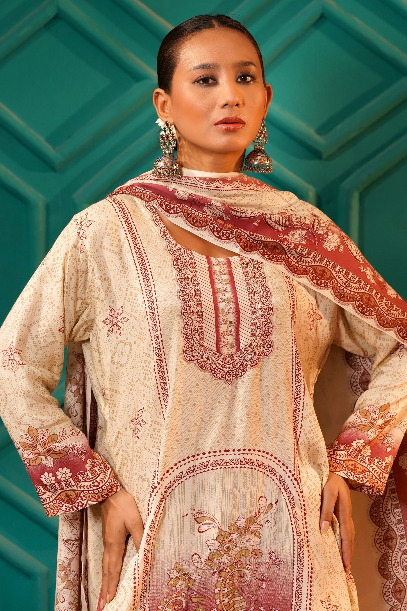 Poetic & Heritage- Kashmiri Muslin Silk Print & Zari work sequence-3pc - Spiced Merlot