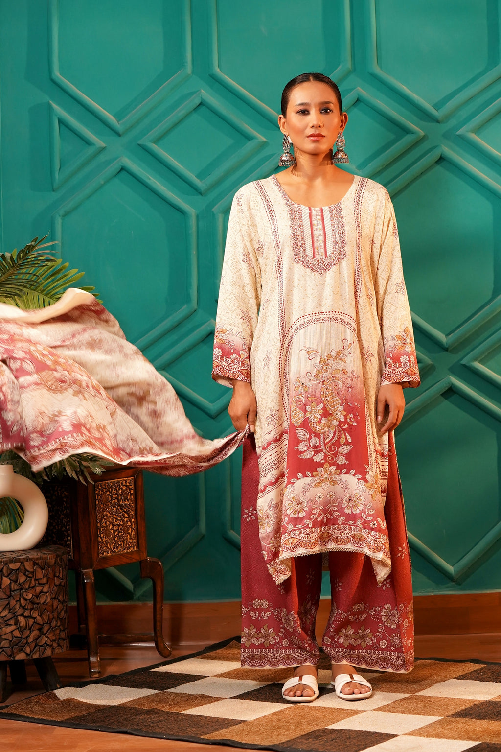 Poetic & Heritage- Kashmiri Muslin Silk Print & Zari work sequence-3pc - Spiced Merlot