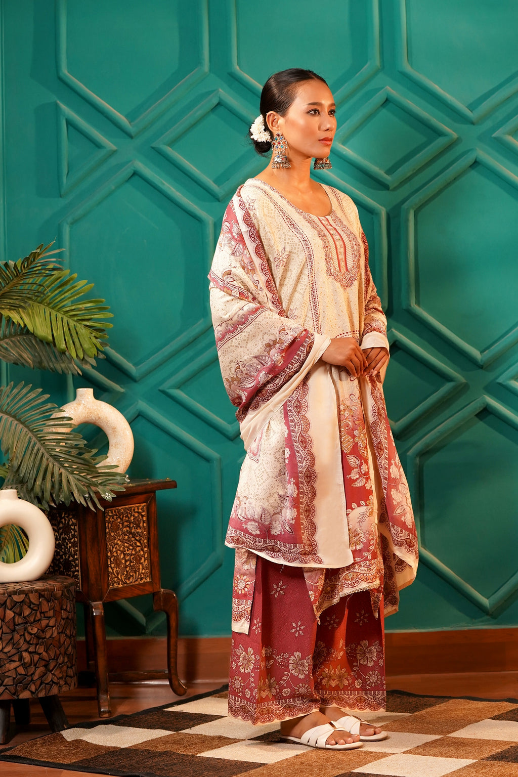Poetic & Heritage- Kashmiri Muslin Silk Print & Zari work sequence-3pc - Spiced Merlot