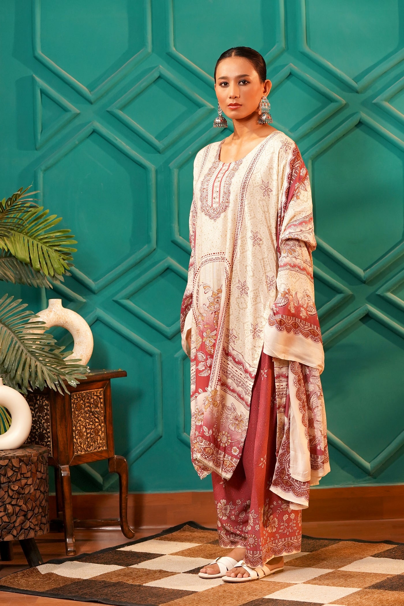 Poetic & Heritage- Kashmiri Muslin Silk Print & Zari work sequence-3pc - Spiced Merlot