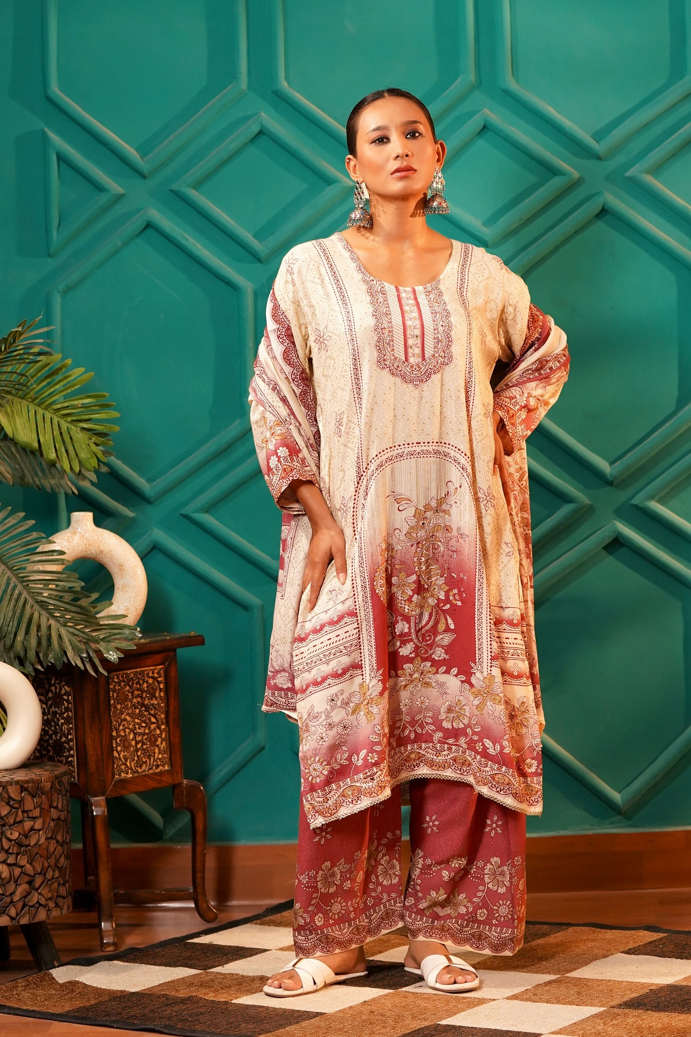 Poetic & Heritage- Kashmiri Muslin Silk Print & Zari work sequence-3pc - Spiced Merlot