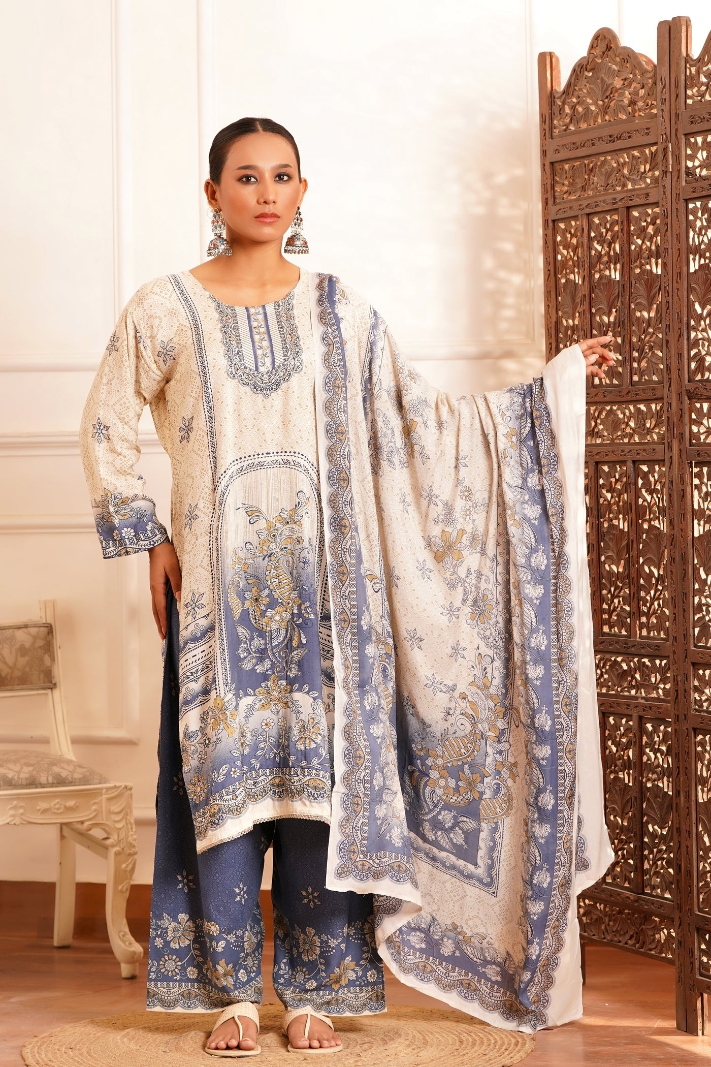 Poetic & Heritage- Kashmiri Muslin Silk Print & Zari work sequence-3pc - Prussian Blue