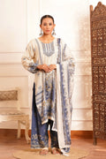 Poetic & Heritage- Kashmiri Muslin Silk Print & Zari work sequence-3pc - Prussian Blue