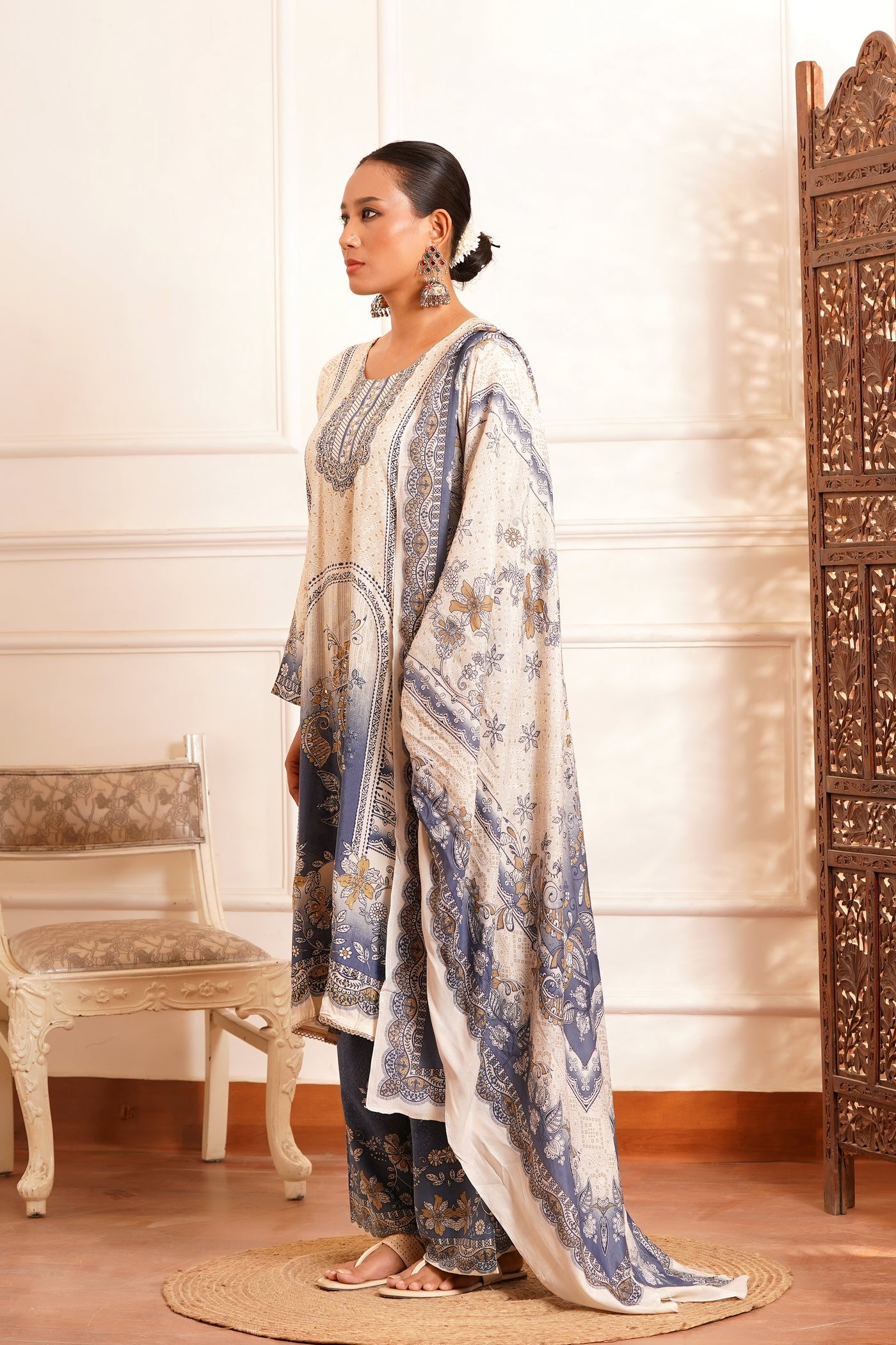 Poetic & Heritage- Kashmiri Muslin Silk Print & Zari work sequence-3pc - Prussian Blue