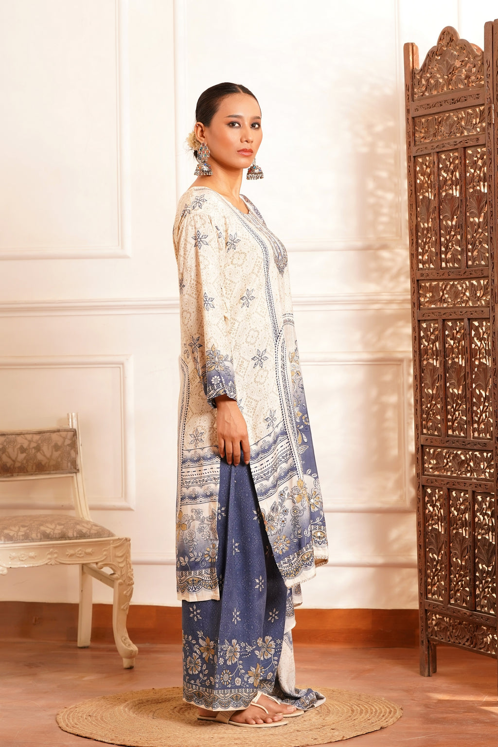 Poetic & Heritage- Kashmiri Muslin Silk Print & Zari work sequence-3pc - Prussian Blue