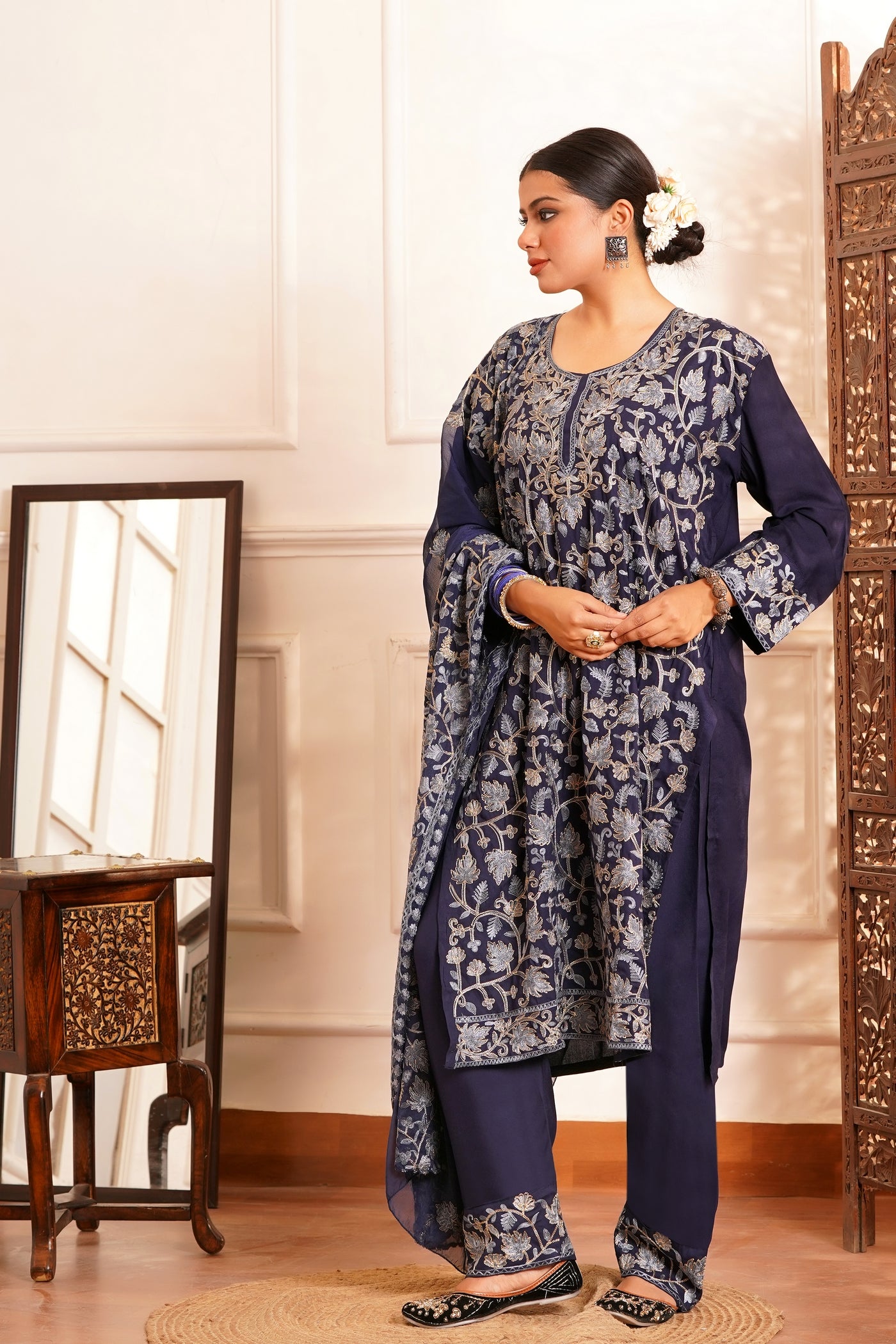 Regal & Classic- Rayon Kashmiri AARI Zari Work-3pc - Twilight Sapphire