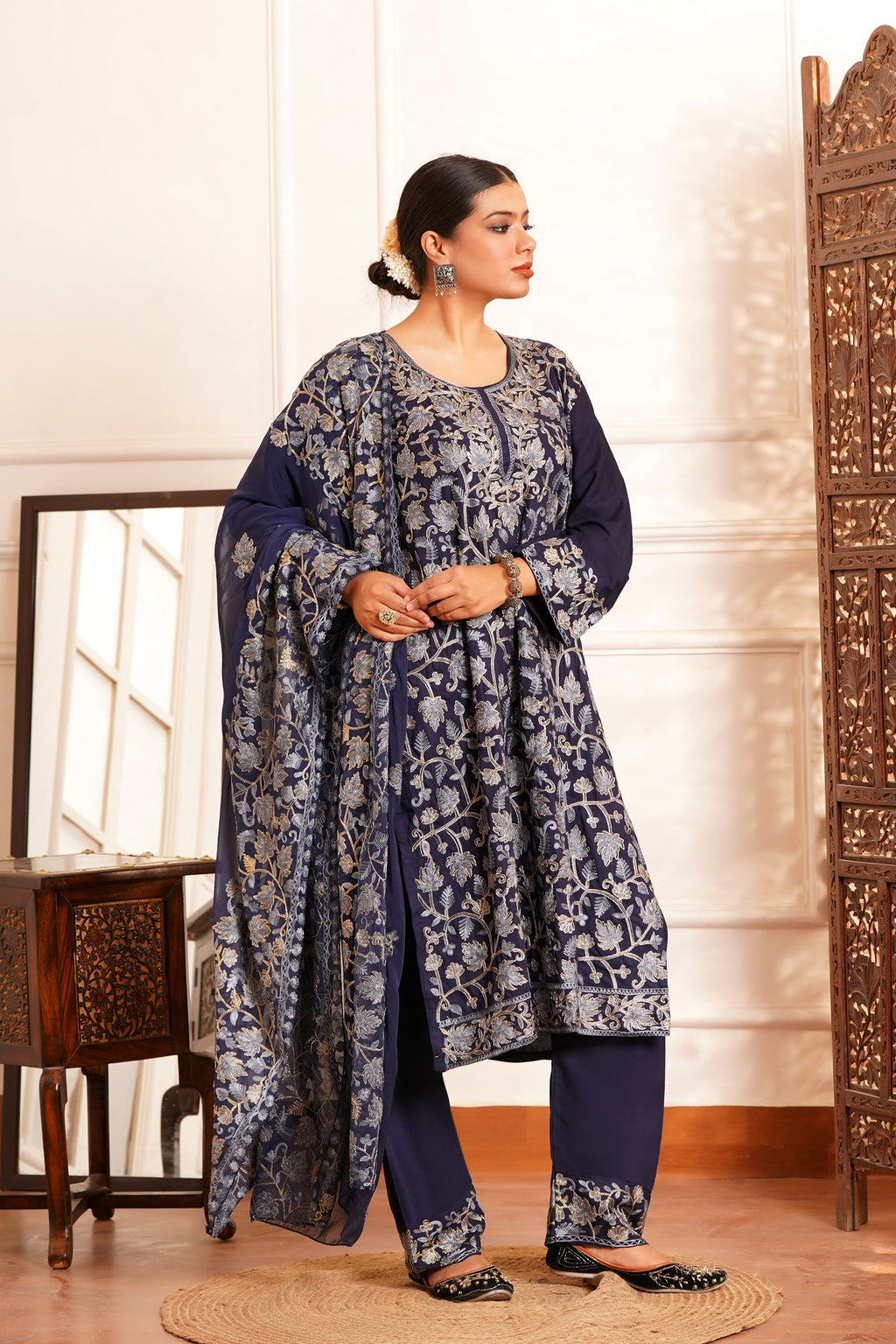 Regal & Classic- Rayon Kashmiri AARI Zari Work-3pc - Twilight Sapphire