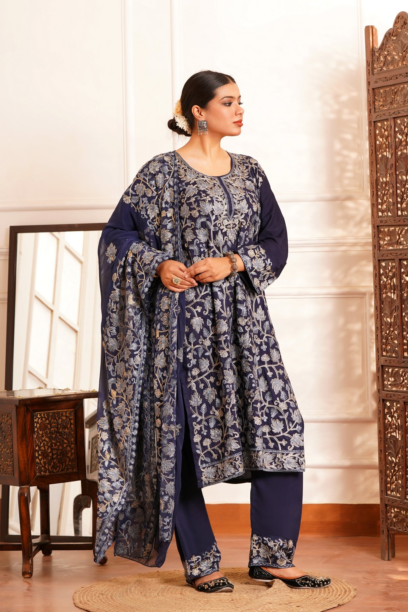 Regal & Classic- Rayon Kashmiri AARI Zari Work-3pc - Twilight Sapphire