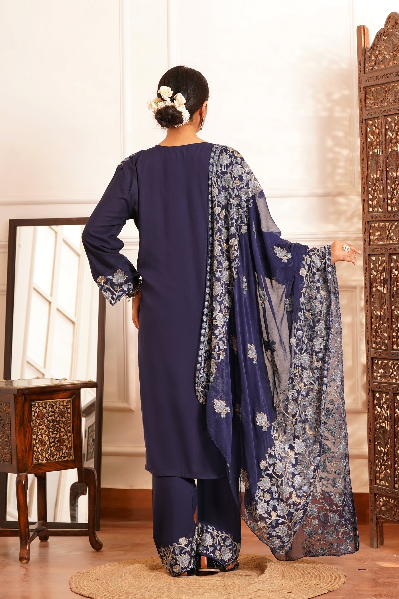 Regal & Classic- Rayon Kashmiri AARI Zari Work-3pc - Twilight Sapphire