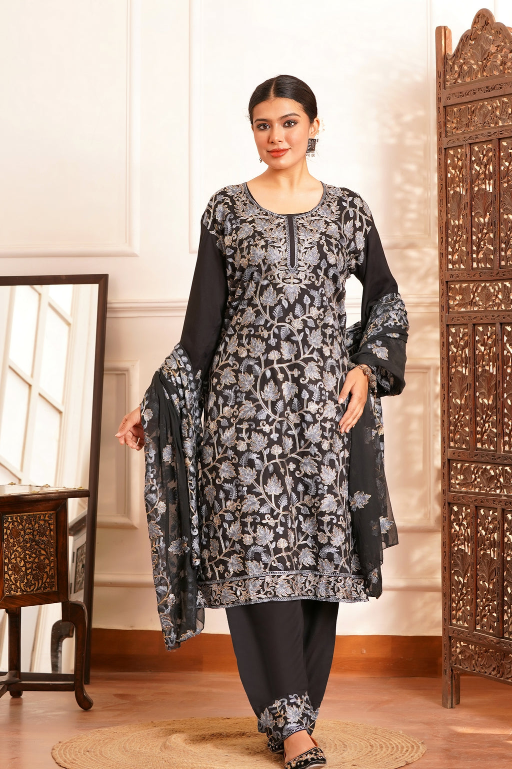 Regal & Classic- Rayon Kashmiri AARI Zari Work-3pc - Noir Platinum Black