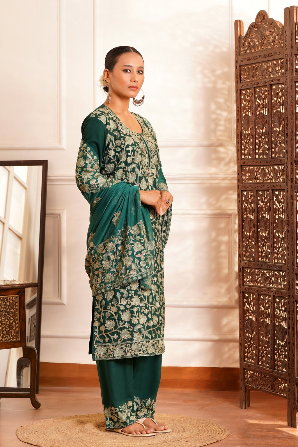Regal & Classic- Rayon Kashmiri AARI Zari Work-3pc - Imperial Jade