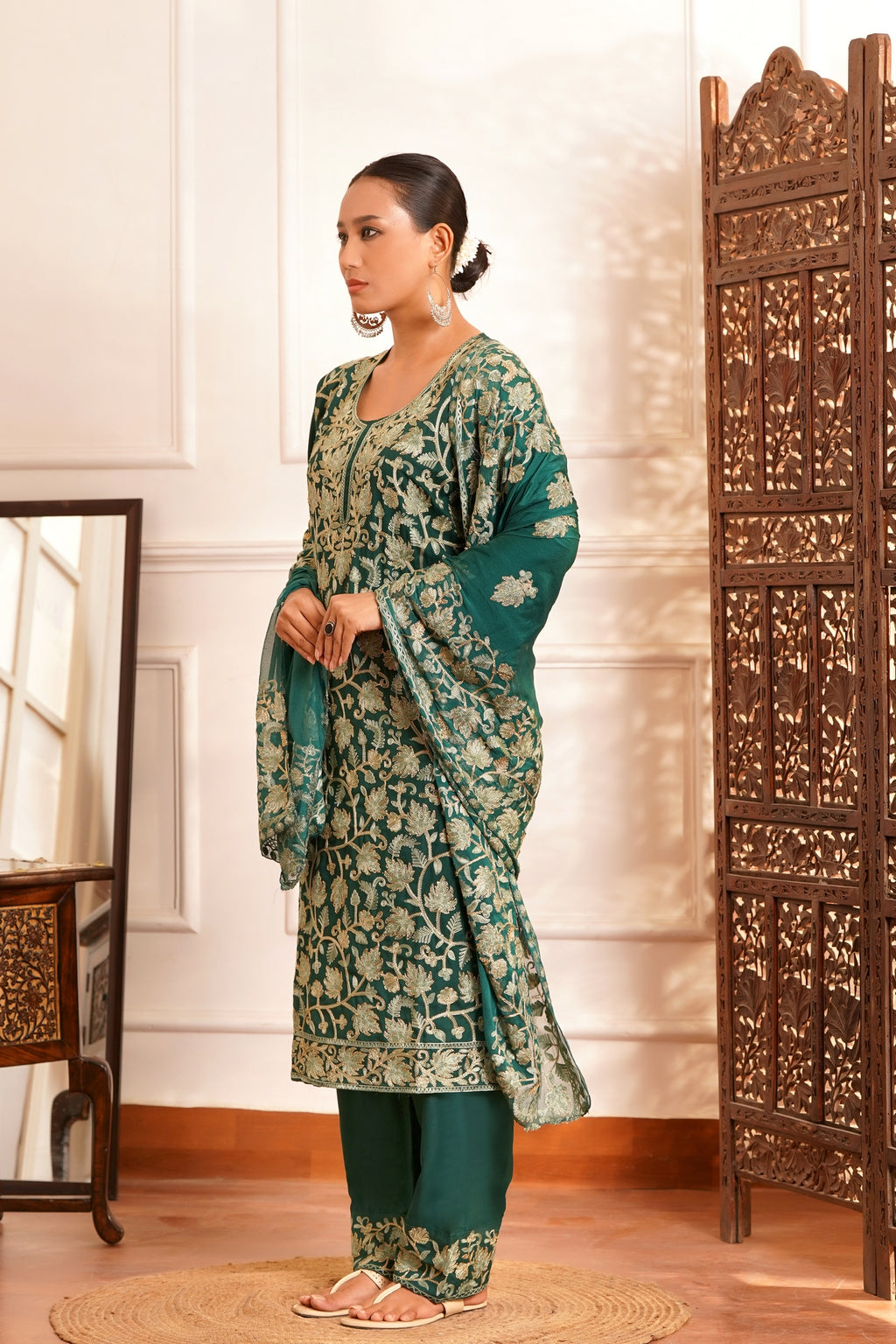 Regal & Classic- Rayon Kashmiri AARI Zari Work-3pc - Imperial Jade