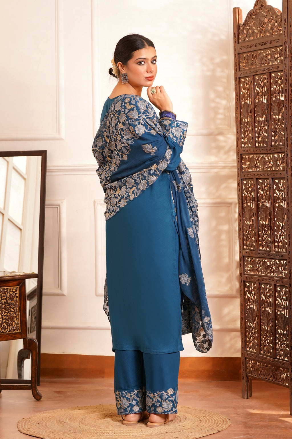 Regal & Classic- Rayon Kashmiri AARI Zari Work-3pc - Royal Venetian Blue