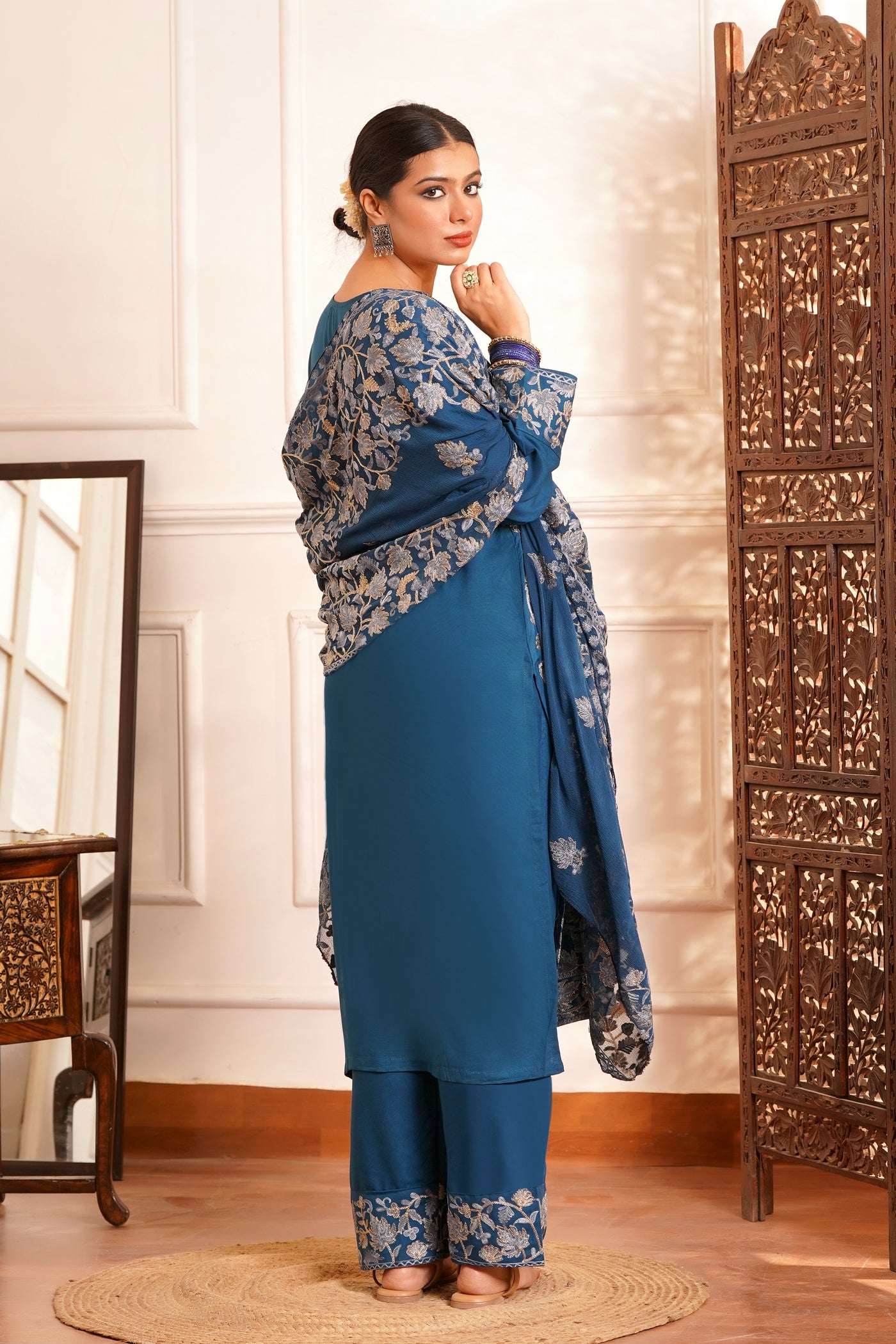 Regal & Classic- Rayon Kashmiri AARI Zari Work-3pc - Royal Venetian Blue