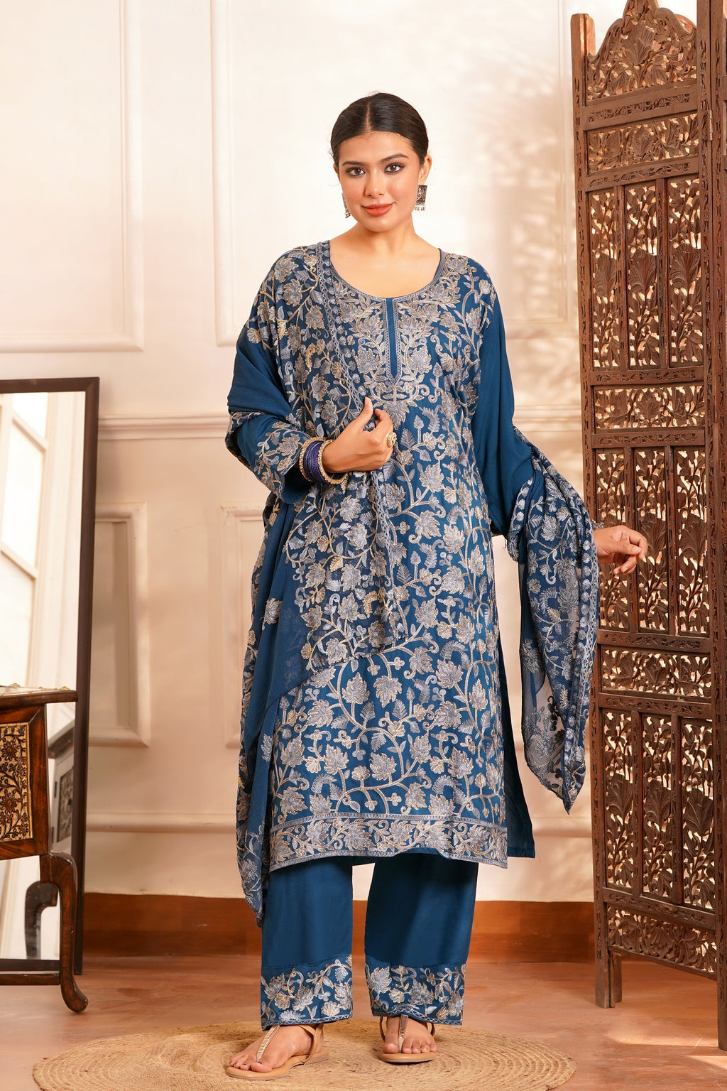 Regal & Classic- Rayon Kashmiri AARI Zari Work-3pc - Royal Venetian Blue