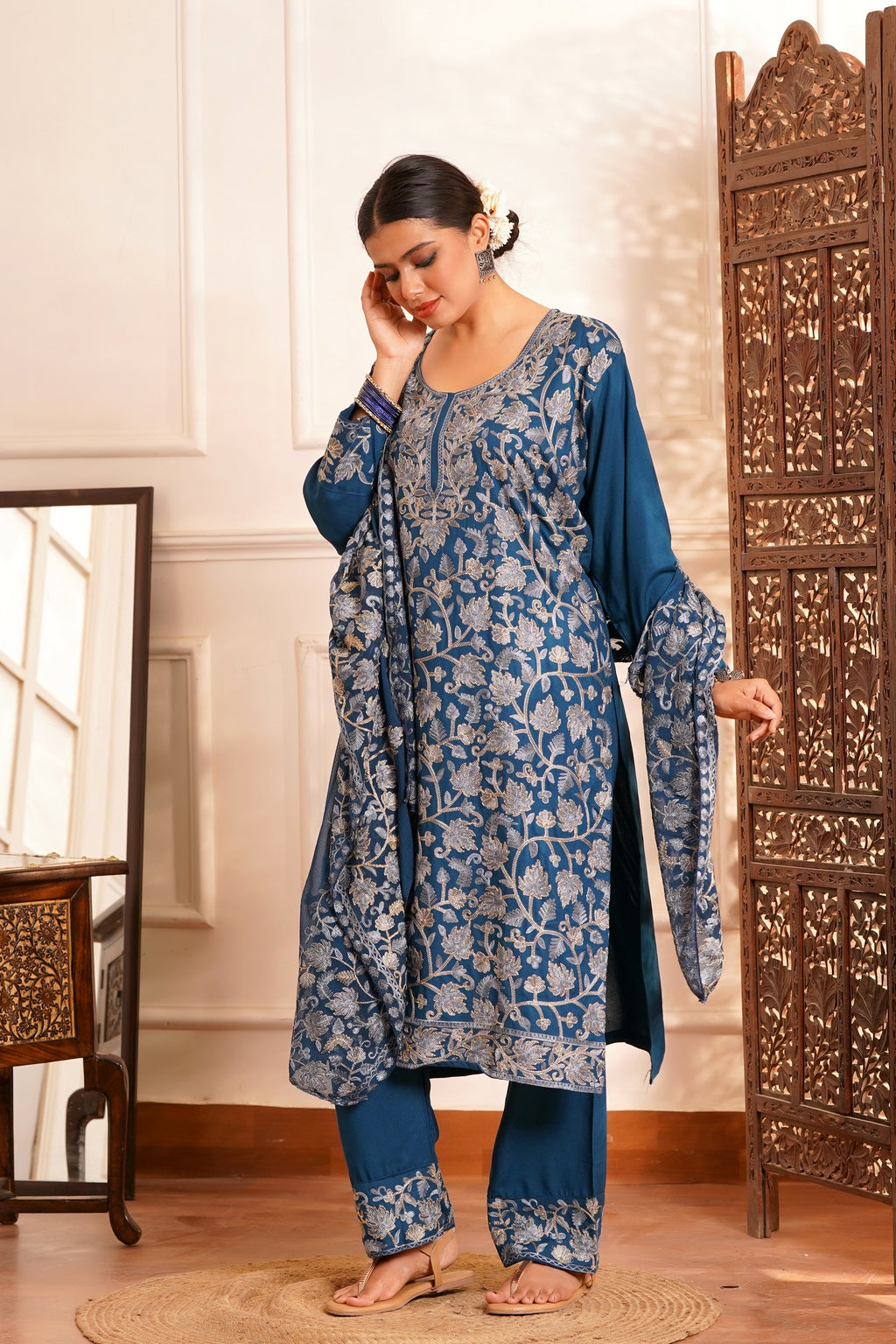 Regal & Classic- Rayon Kashmiri AARI Zari Work-3pc - Royal Venetian Blue