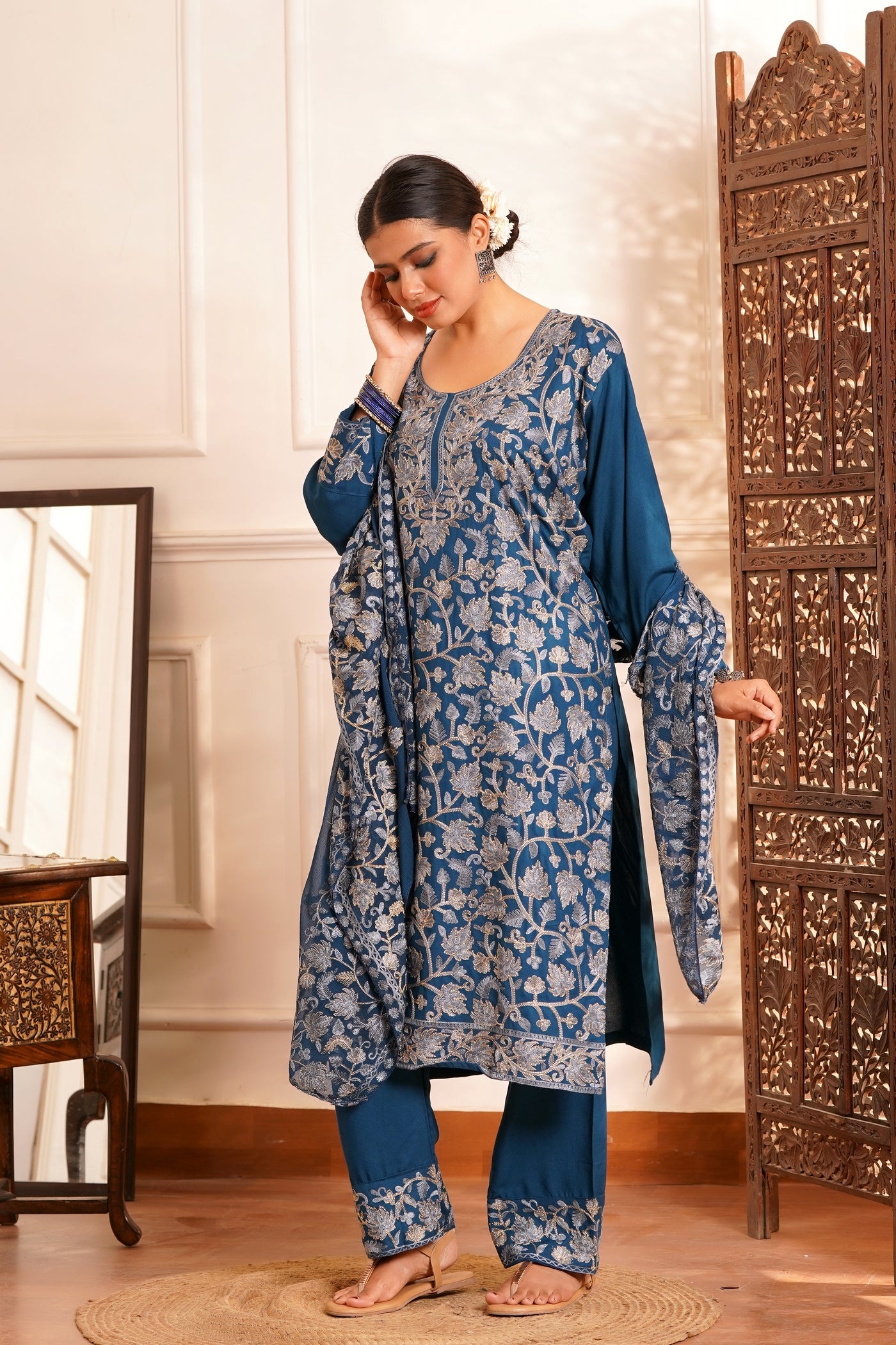Regal & Classic- Rayon Kashmiri AARI Zari Work-3pc - Royal Venetian Blue