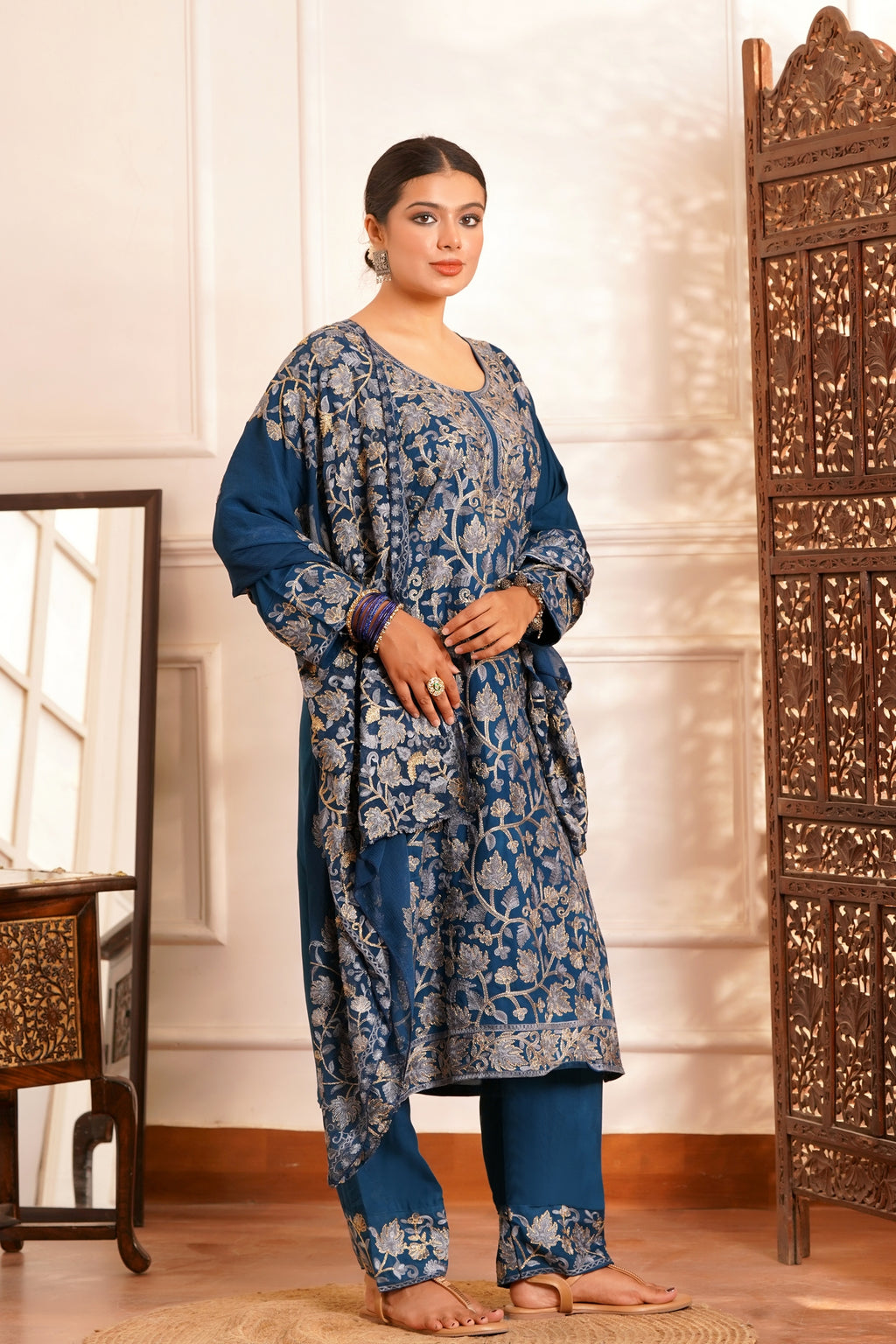 Regal & Classic- Rayon Kashmiri AARI Zari Work-3pc - Royal Venetian Blue