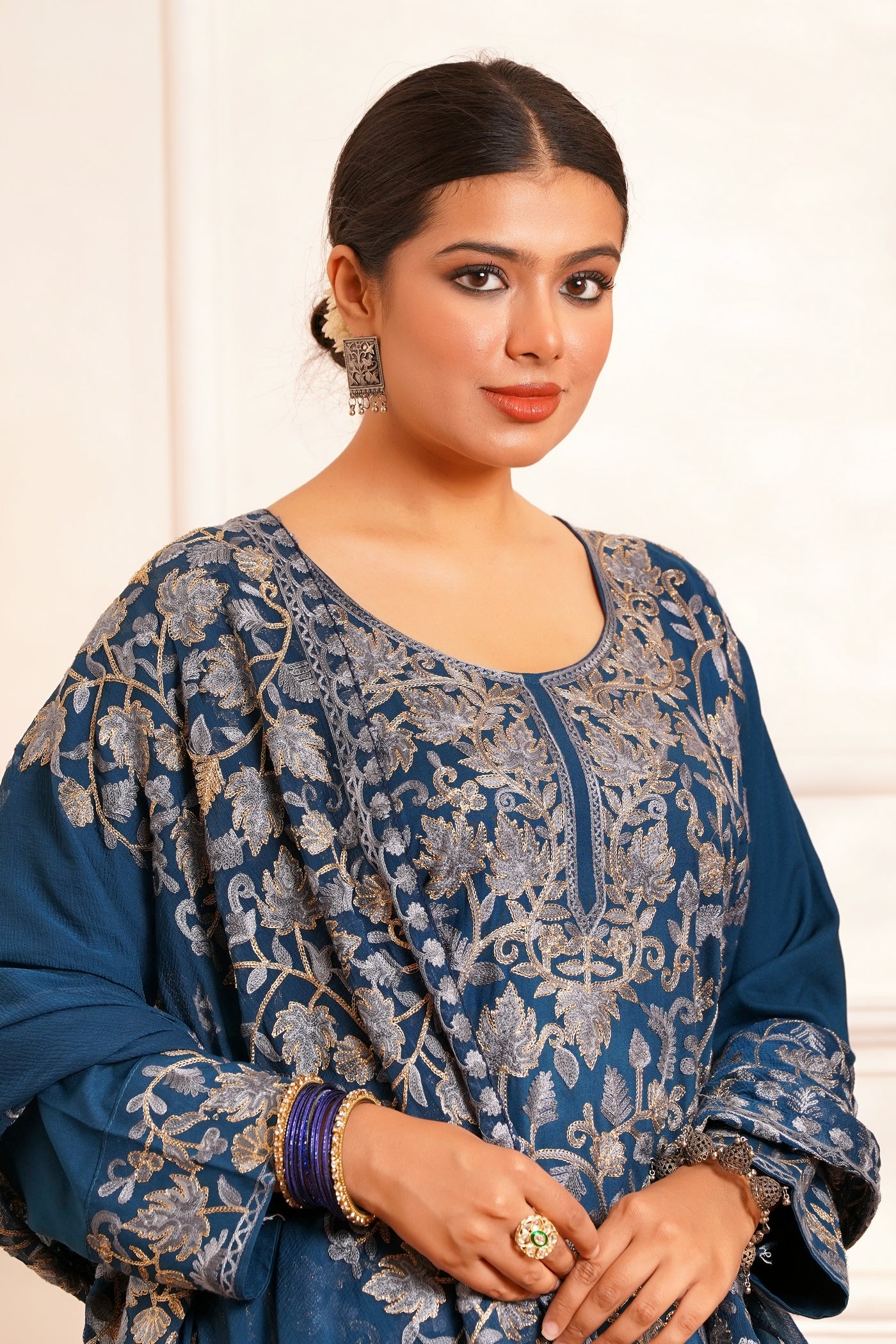 Regal & Classic- Rayon Kashmiri AARI Zari Work-3pc - Royal Venetian Blue