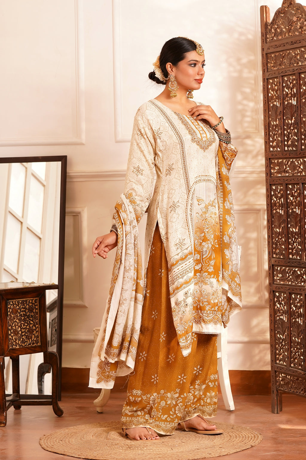Poetic & Heritage- Kashmiri Muslin Silk Print & Zari work sequence-3pc - Vintage Mustard