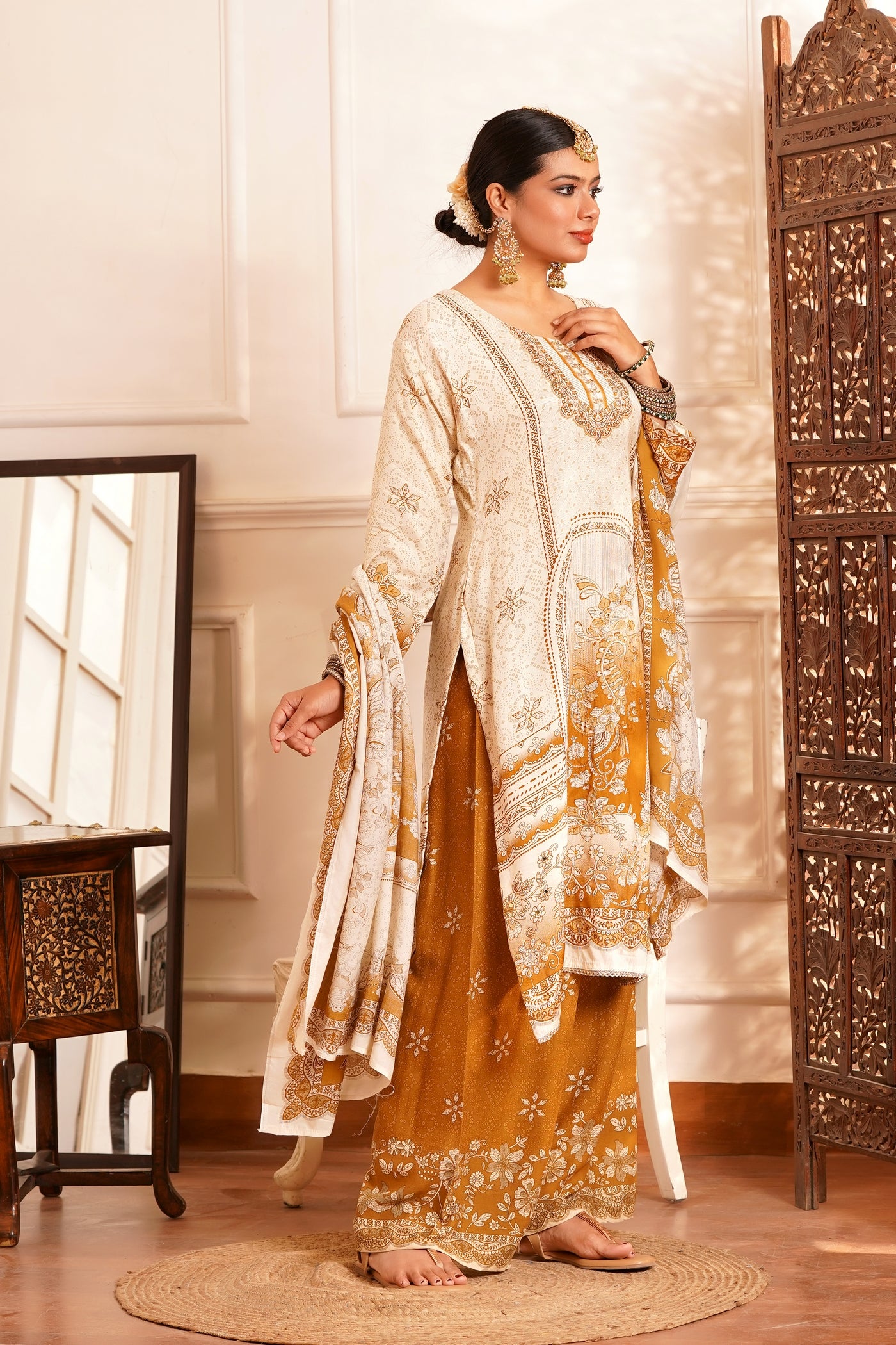 Poetic & Heritage- Kashmiri Muslin Silk Print & Zari work sequence-3pc - Vintage Mustard