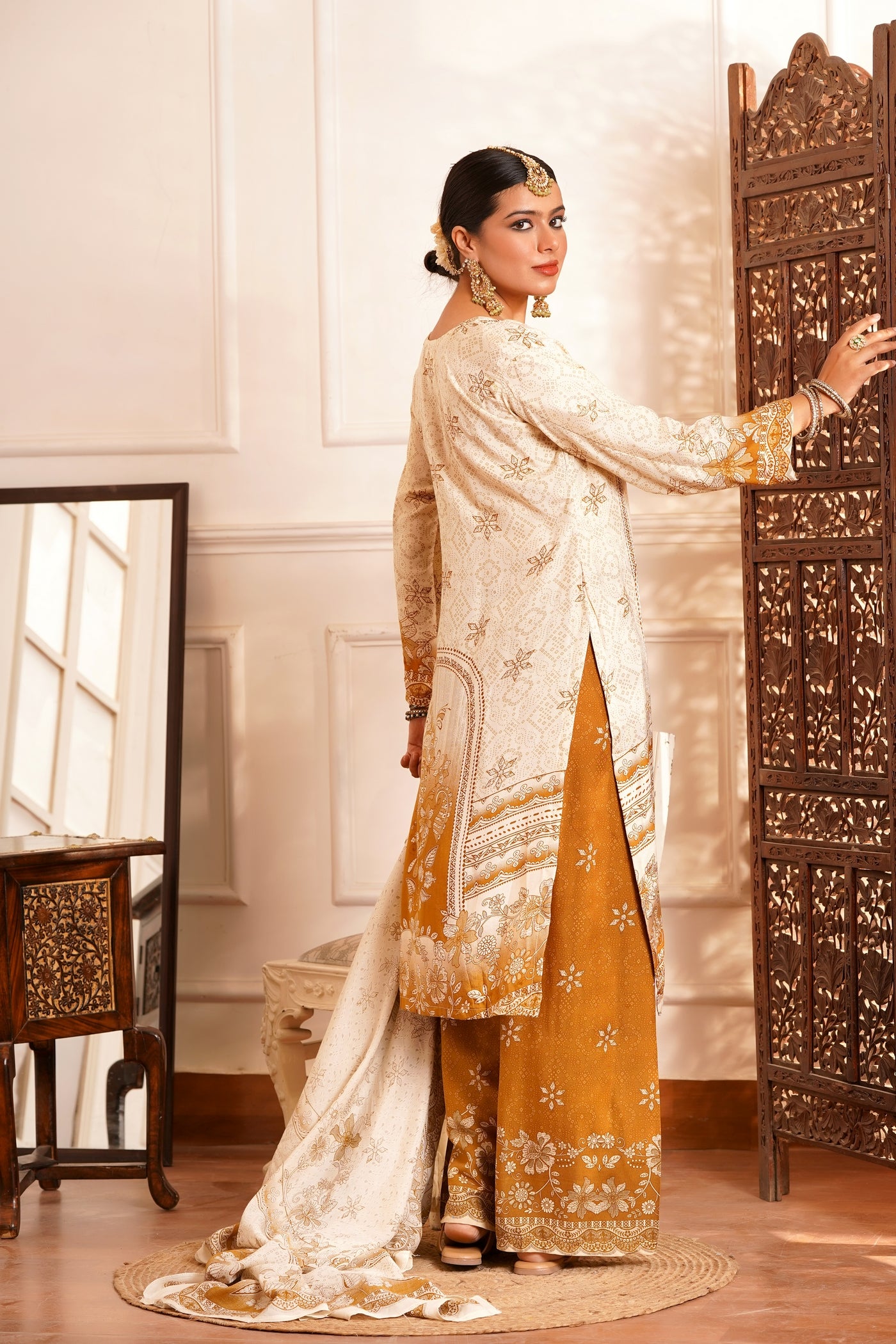 Poetic & Heritage- Kashmiri Muslin Silk Print & Zari work sequence-3pc - Vintage Mustard