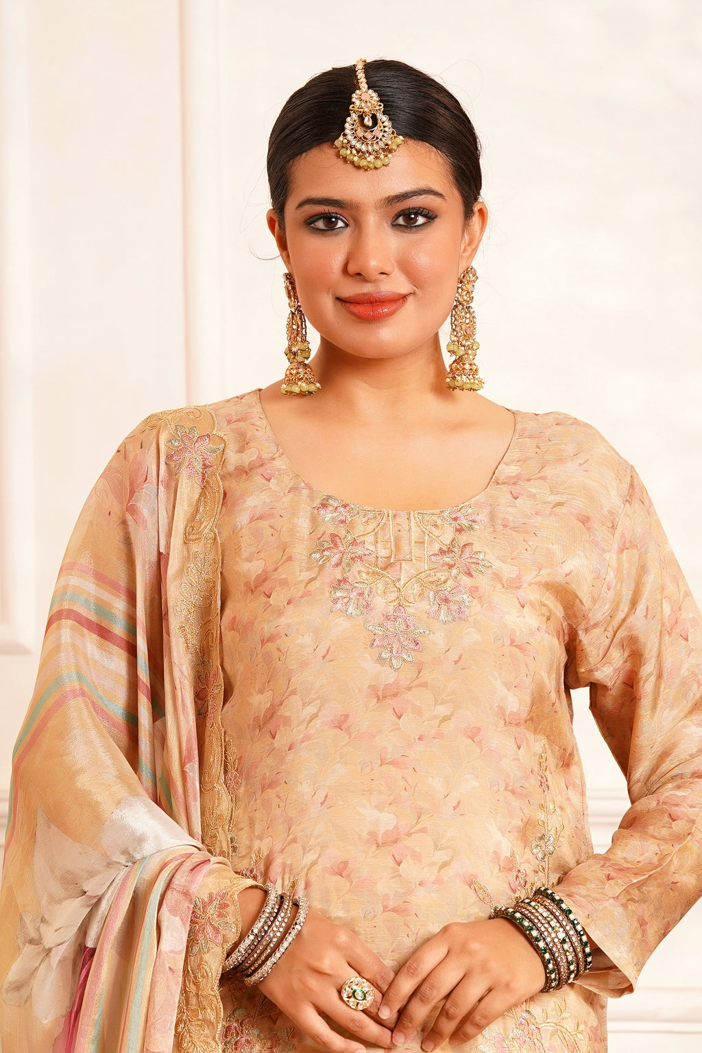 Poetic & Heritage- Kashmiri Muslin Silk Print & Zari work sequence-3pc - Vintage Mustard