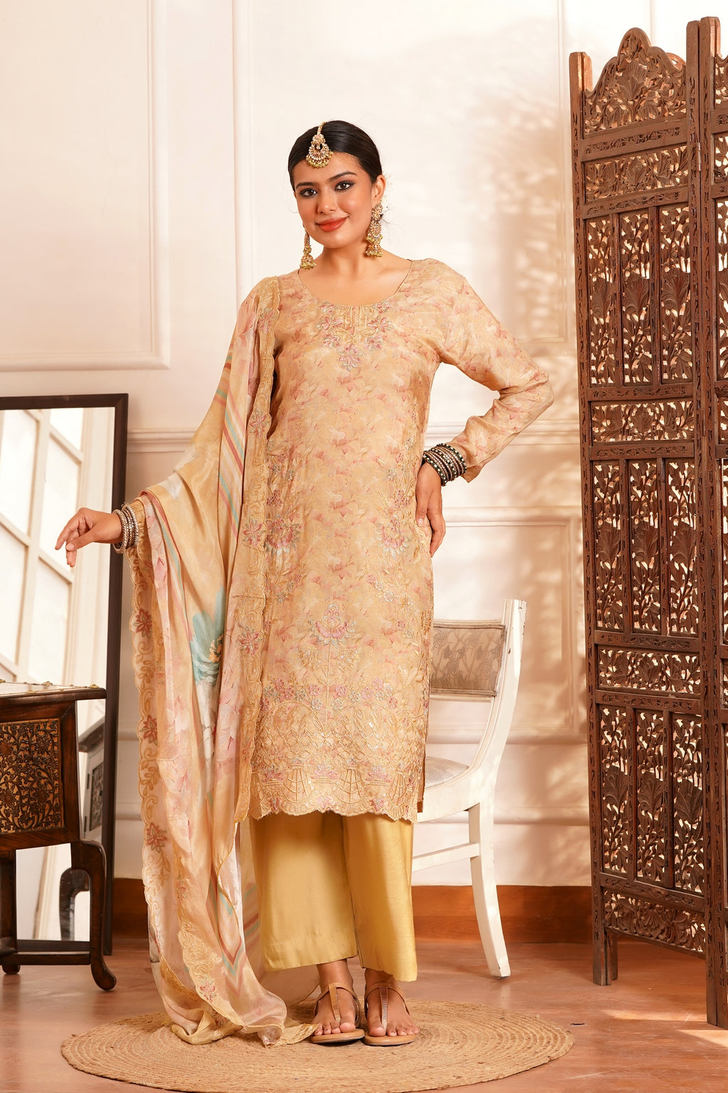 The Zariyah Floral Muslin Set- Muslin Silk Print with thread  Zari work - Golden-Beige