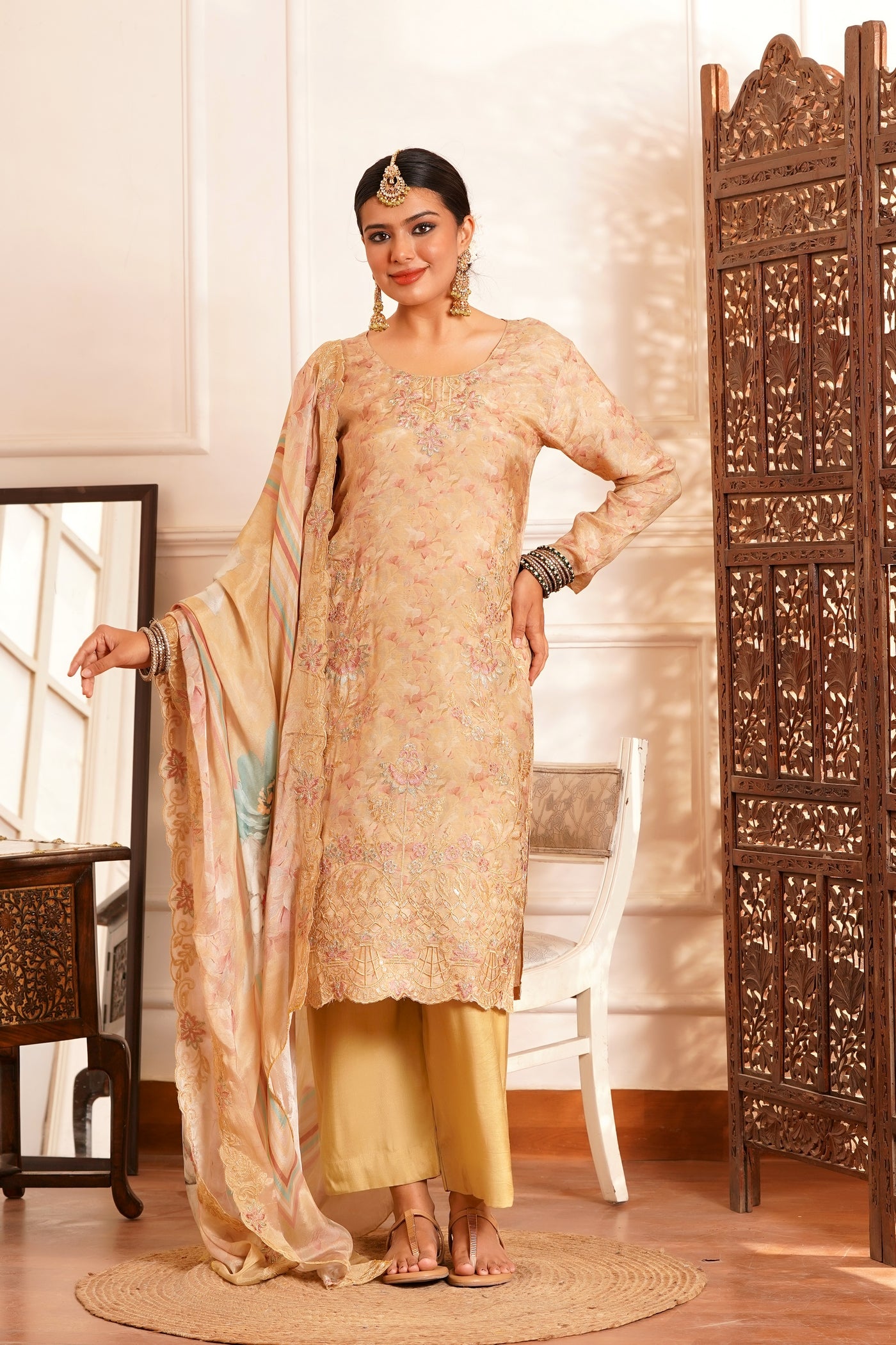The Zariyah Floral Muslin Set- Muslin Silk Print with thread  Zari work - Golden-Beige