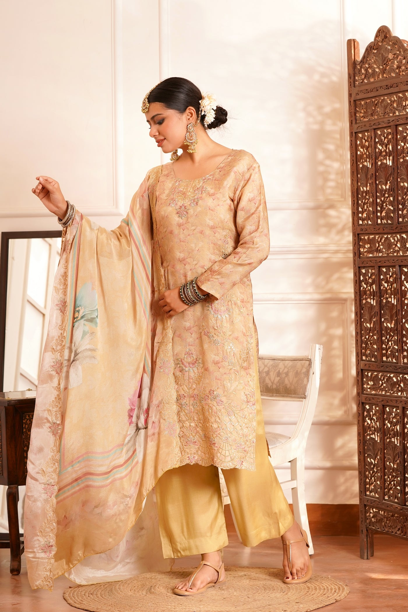 The Zariyah Floral Muslin Set- Muslin Silk Print with thread  Zari work - Golden-Beige