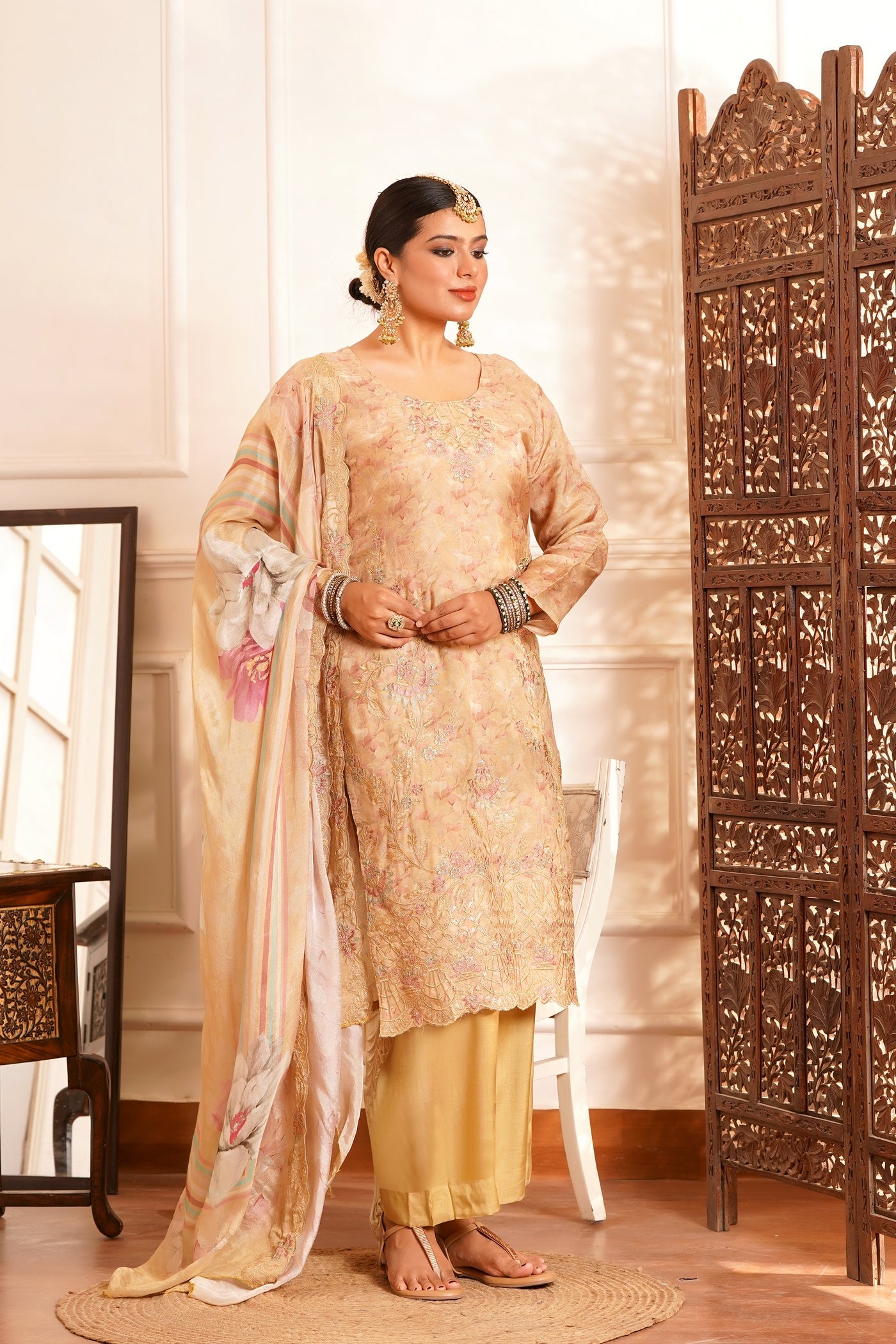 The Zariyah Floral Muslin Set- Muslin Silk Print with thread  Zari work - Golden-Beige