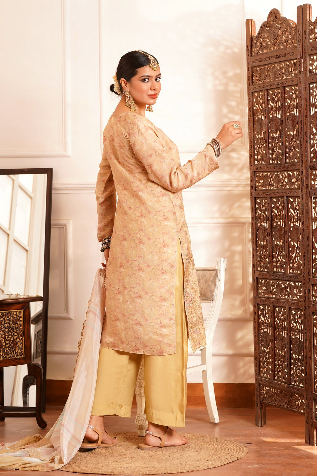 The Zariyah Floral Muslin Set- Muslin Silk Print with thread  Zari work - Golden-Beige