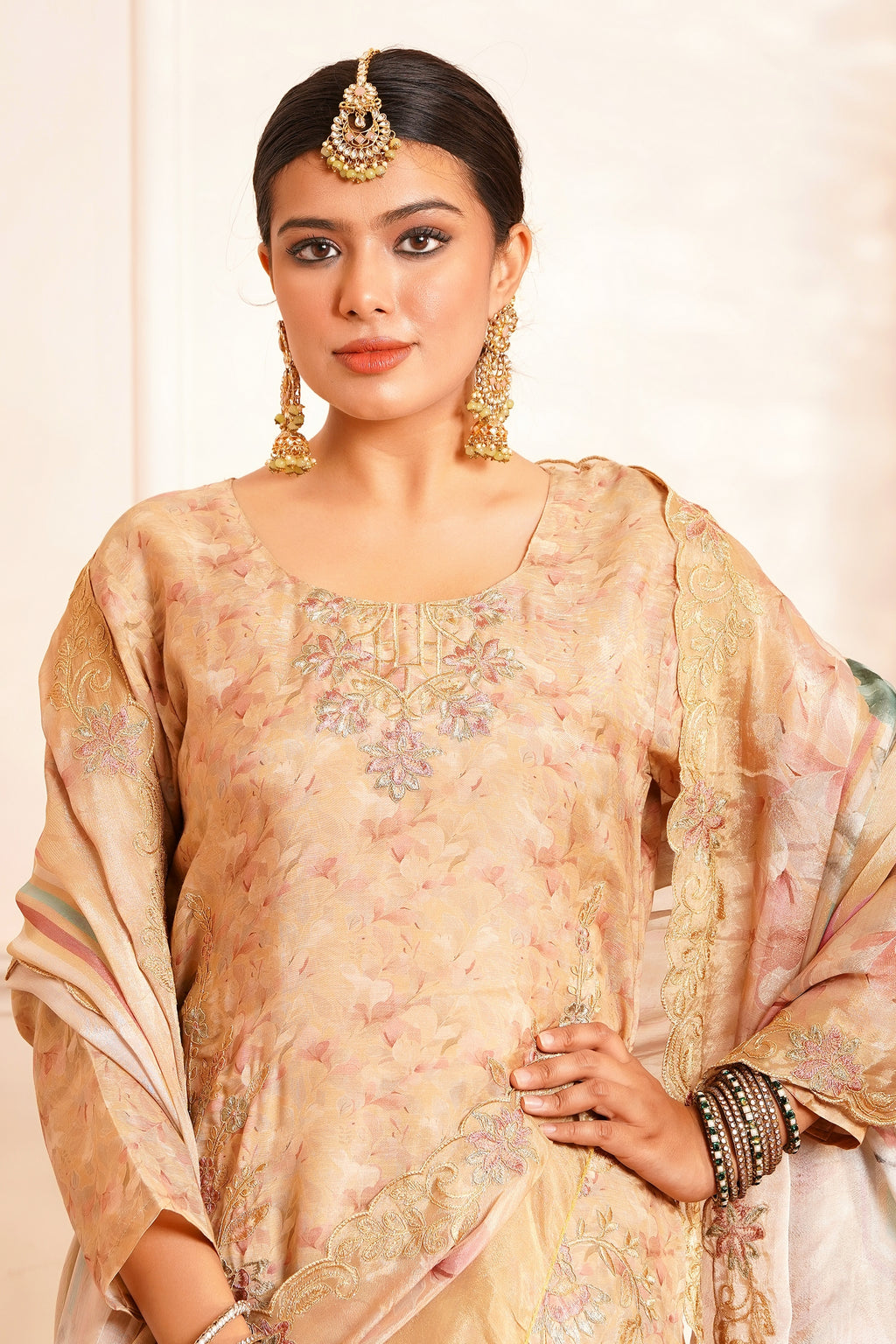 The Zariyah Floral Muslin Set- Muslin Silk Print with thread  Zari work - Golden-Beige