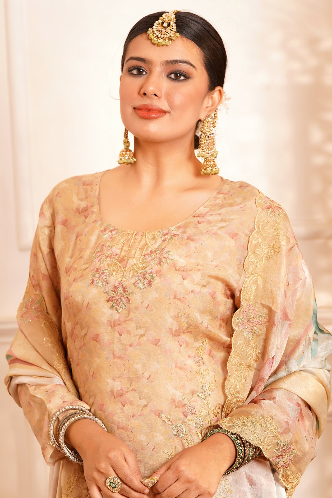 The Zariyah Floral Muslin Set- Muslin Silk Print with thread  Zari work - Golden-Beige