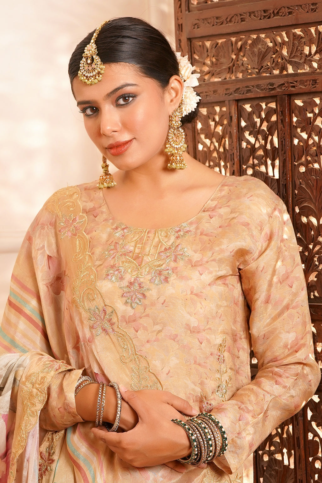 The Zariyah Floral Muslin Set- Muslin Silk Print with thread  Zari work - Golden-Beige