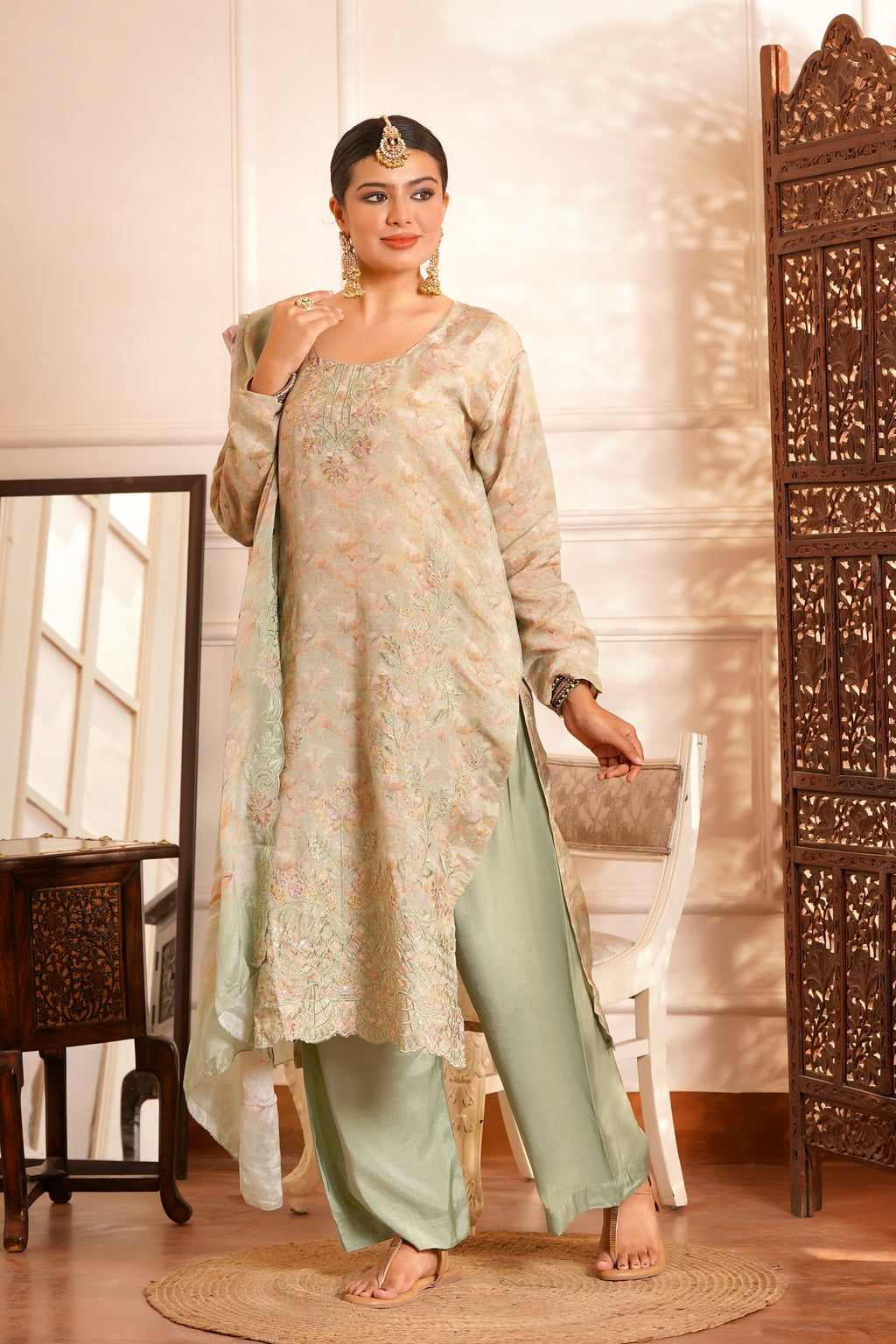 The Zariyah Floral Muslin Set- Muslin Silk Print with thread  Zari work - Pale Greenish